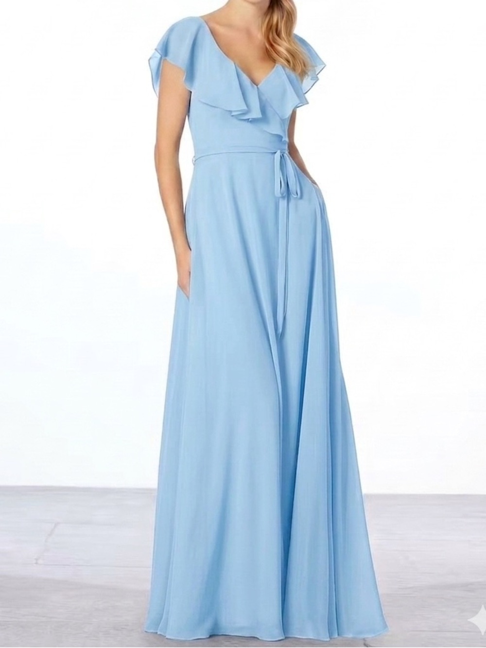 Morilee Light Blue Ruffle Trim Formal Bridesmaid Maxi Dress Wedding Style 21657